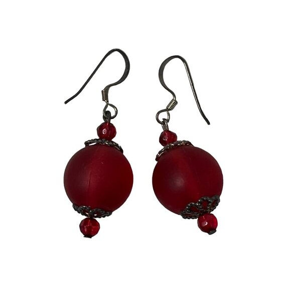 Red Lucite Ball Earrings Silver Tone Wire Pierced Dangle Drop - Picture 4 of 5